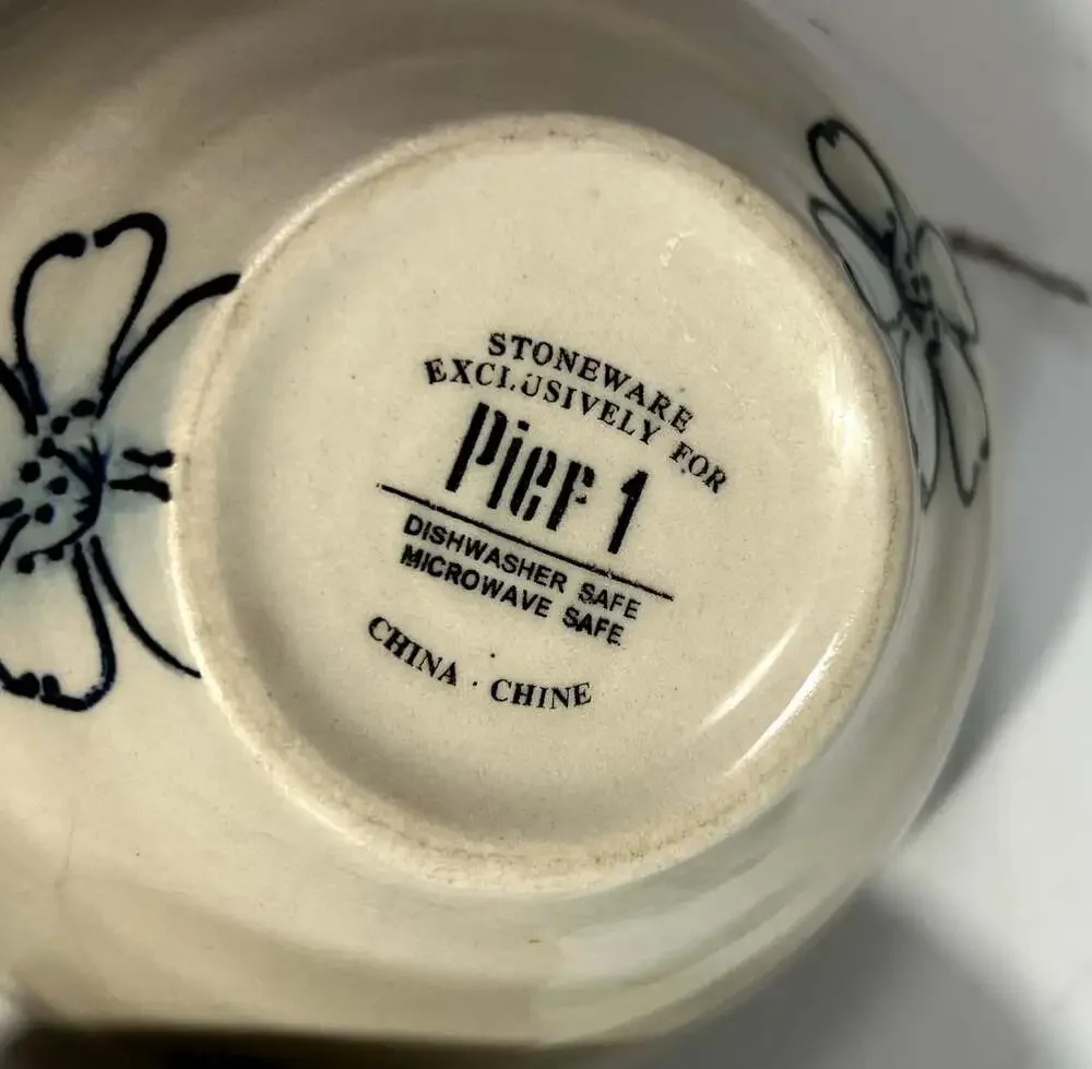 Pier One Imports Blue Hibiscus Flower Stoneware Bowls Set of Two